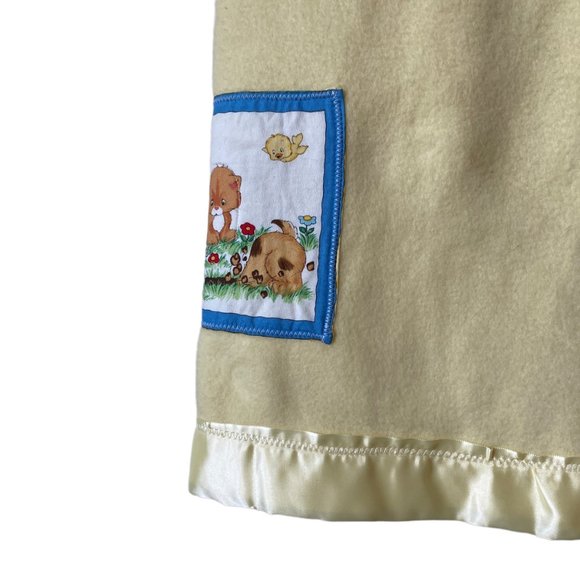 Vintage Hand Crafted Yellow Baby Blanket Animal Appliques Satin Edge Floor Time - Picture 8 of 16